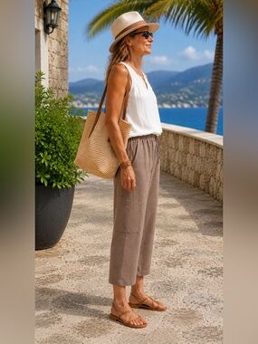 Hot Cotton 60% Linen 40% Cotton Pull-On Crop Pants | Dark Taupe | Medium